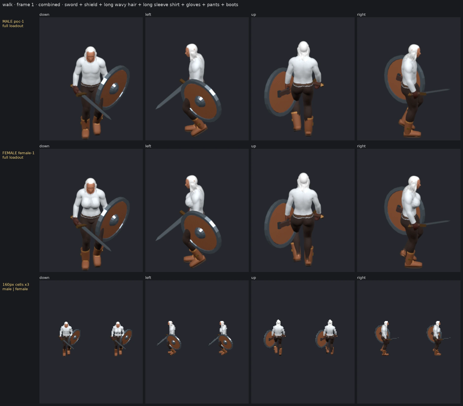 Male and female DTWorldz project characters wearing full equipment, captured from four directions with final pixel output examples