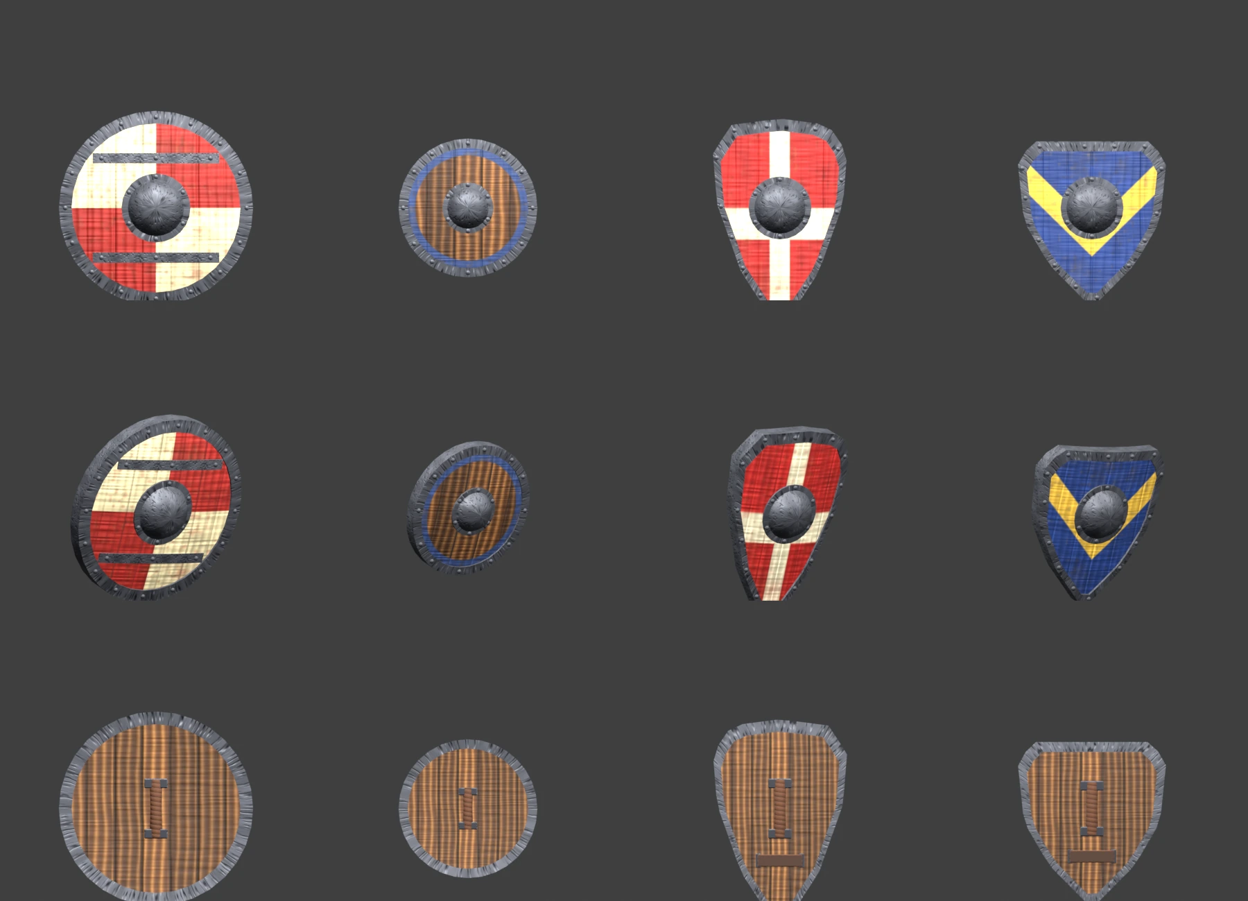 A selection of shields from the real DTWorldz Sprite Capture Studio equipment catalog shown from multiple angles