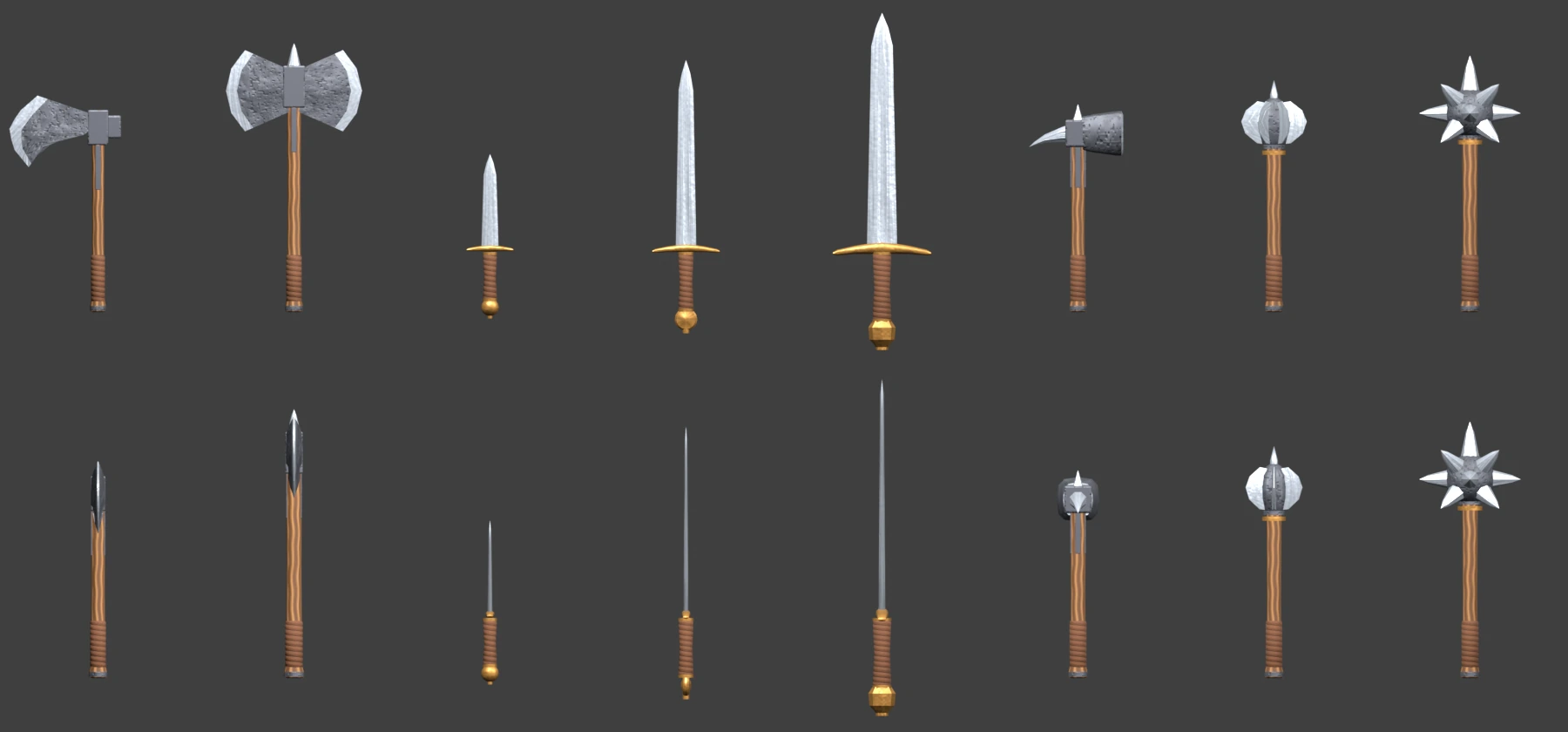 A selection of weapons from the real DTWorldz Sprite Capture Studio equipment catalog shown from the front and side