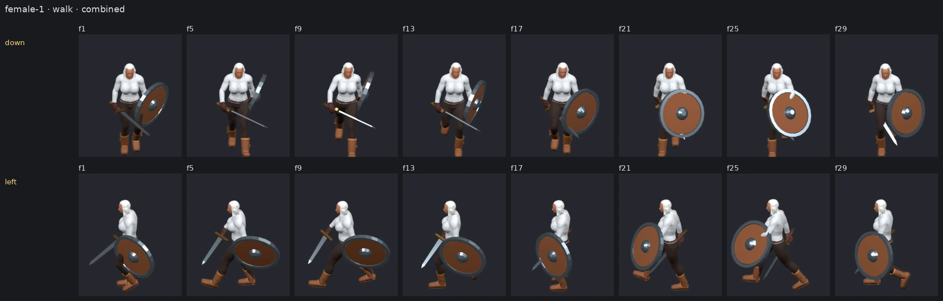 A fully equipped female project character shown across real downward and left-facing walk animation frames