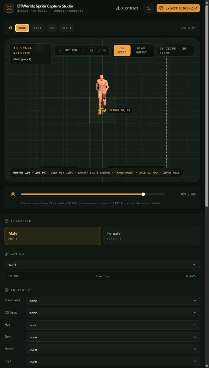 DTWorldz Sprite Capture Studio showing a Blender-authored character in the browser 3D scene preview
