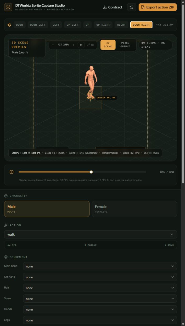 DTWorldz Sprite Capture Studio showing the eight-direction selector with the down-right character view active