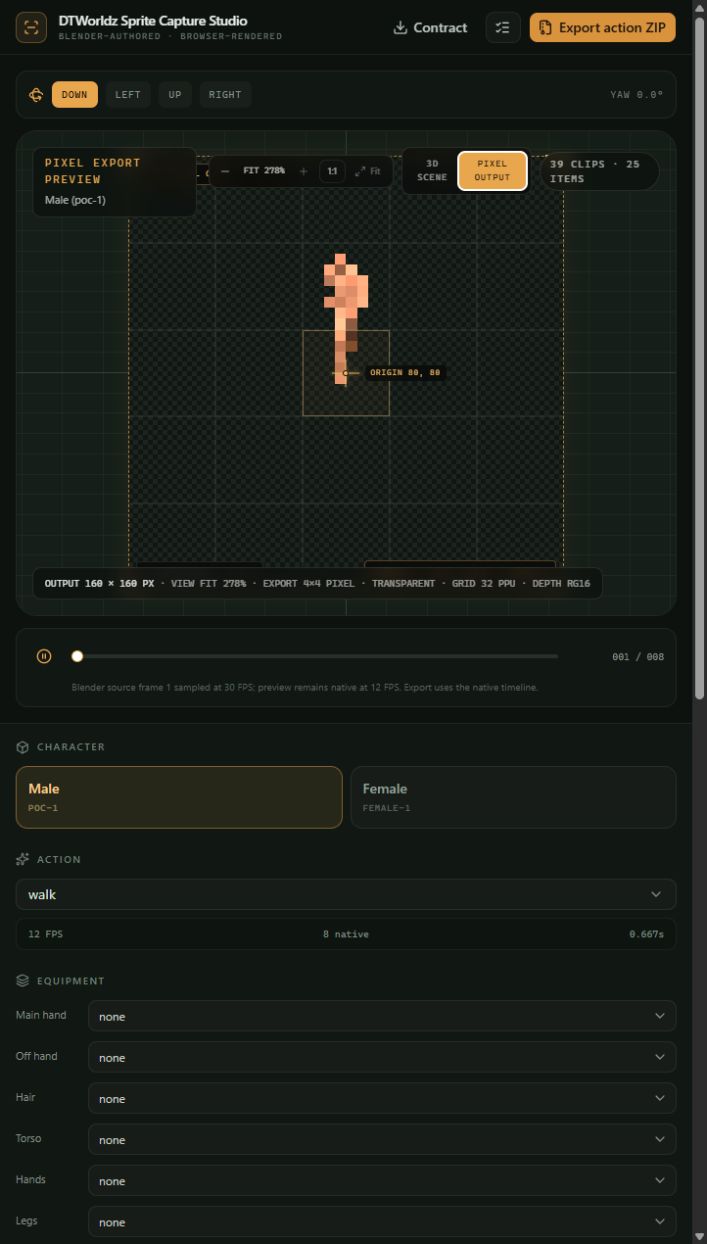 DTWorldz Sprite Capture Studio showing the pixel output preview with a fixed capture cell and foot origin